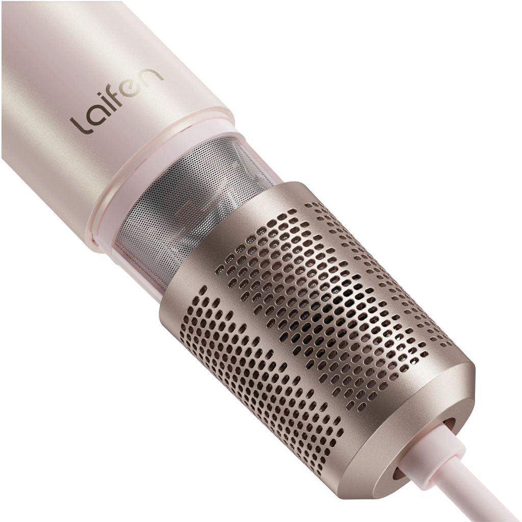 Laife hair dryer with pink body and metallic nozzle on a white background