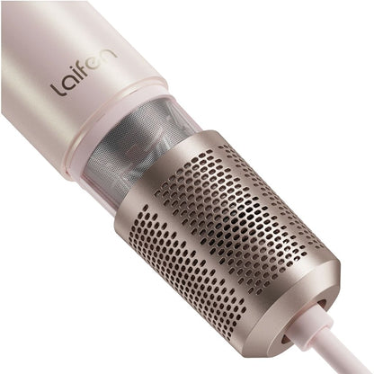 Laife hair dryer with pink body and metallic nozzle on a white background