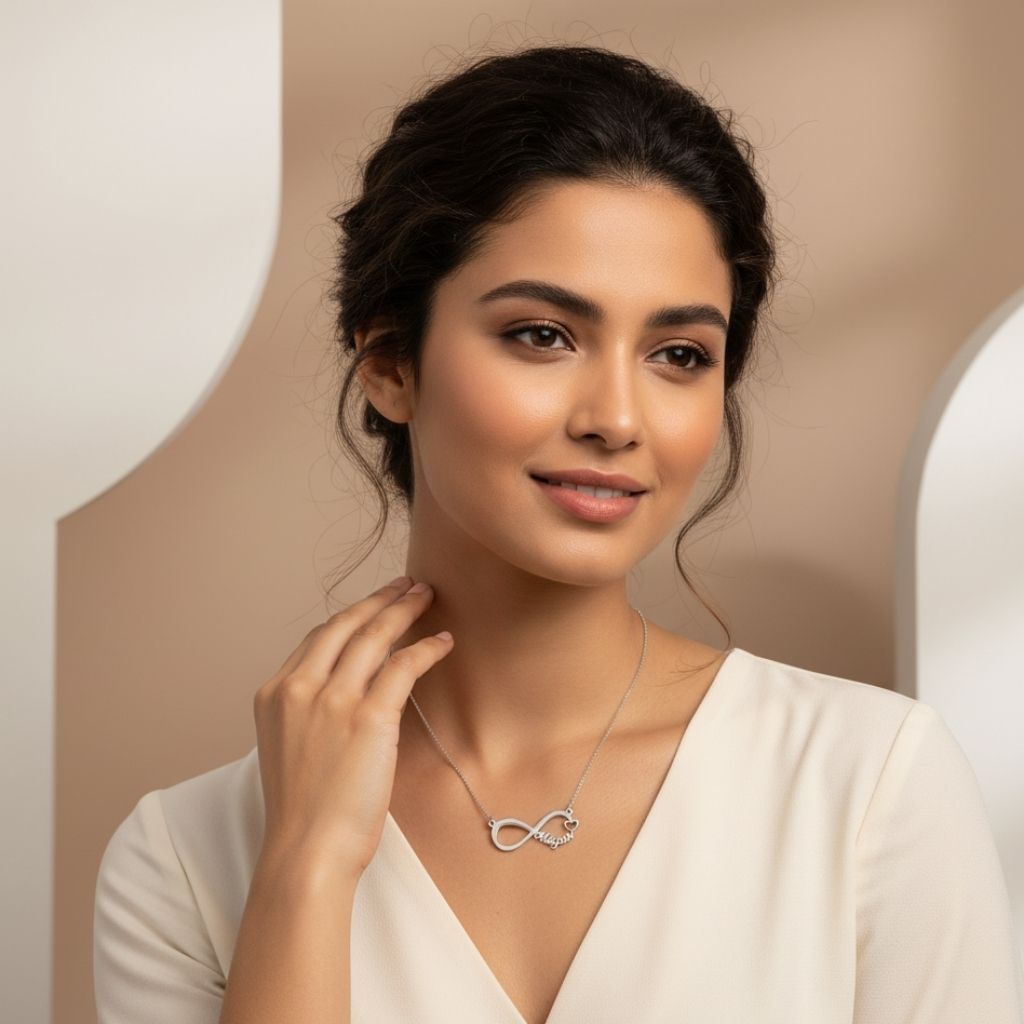Woman wearing an infinity necklace against a neutral background