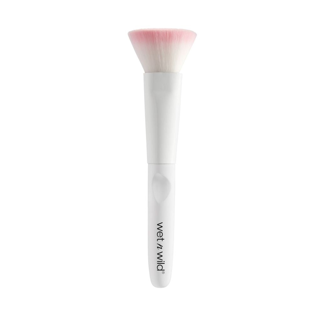 Makeup brush with pink bristle head and white handle on a white background, featuring the brand 'Wet n Wild'.