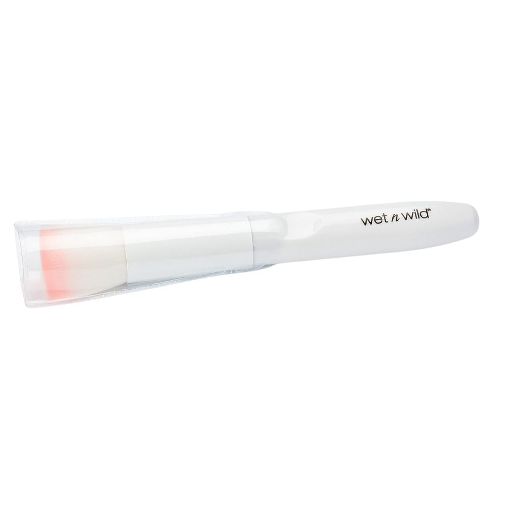 White makeup brush with pink bristle tip on a white background, featuring 'Wet n Wild' branding.