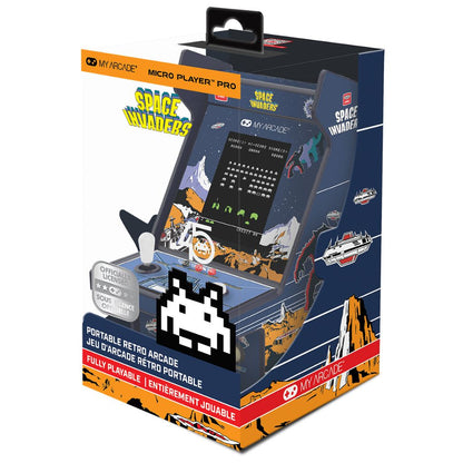 Boxed retro arcade machine with Space Invaders design on a white background