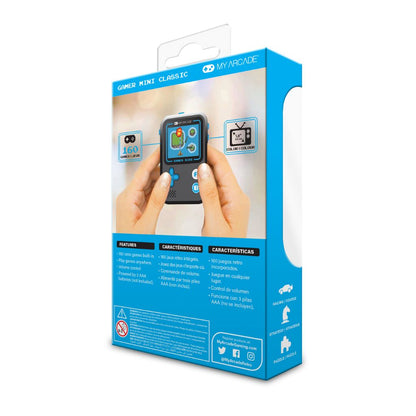 Gamer Mini Classic TV packaging with a hand holding a small device on a white background