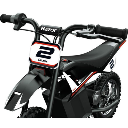 Black and gray Razor children's dirt bike on a white background