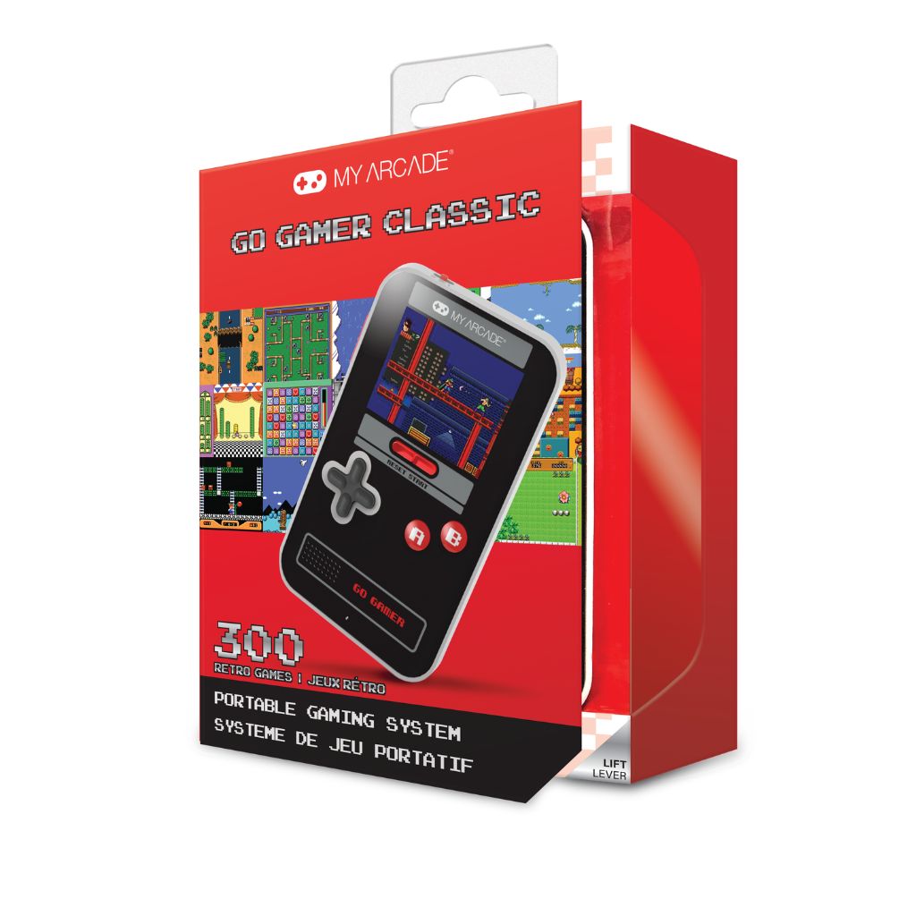 Red packaging of a portable gaming system with a retro design on a white background