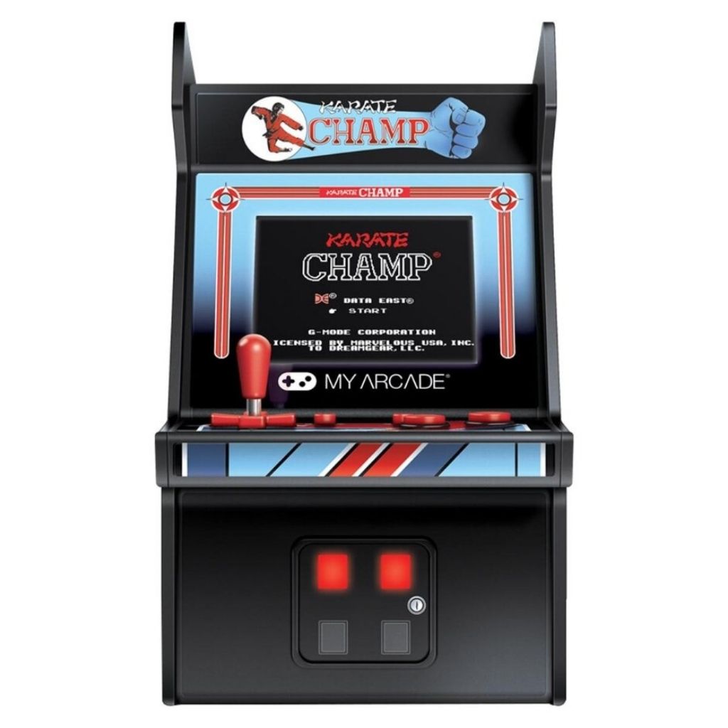 Miniature arcade machine with 'Karate Champ' branding on a white background