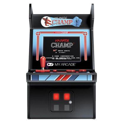 Miniature arcade machine with 'Karate Champ' branding on a white background