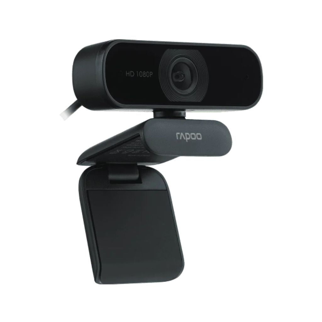 Black webcam with a adjustable arm on a white background