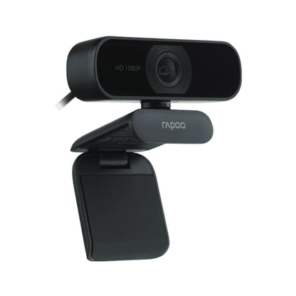 Black webcam with a adjustable arm on a white background