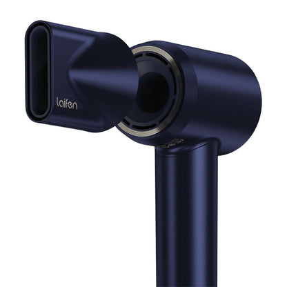 Blue hair dryer with nozzle attachment on a white background