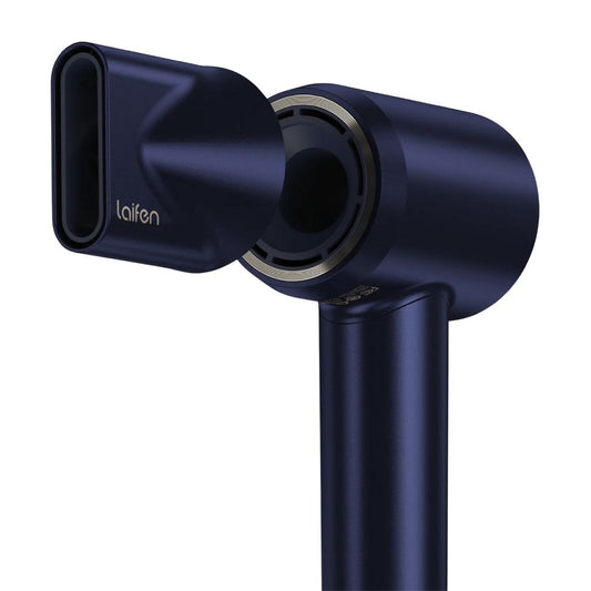 Blue hair dryer with nozzle attachment on a white background