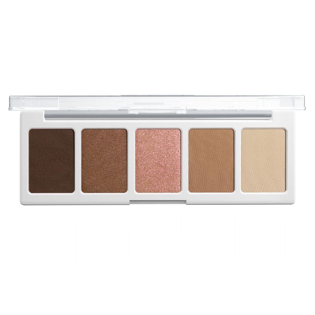 Makeup palette with five different shades of eyeshadow on a white background