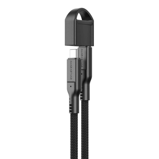 Black USB-C cable with braided design on a white background