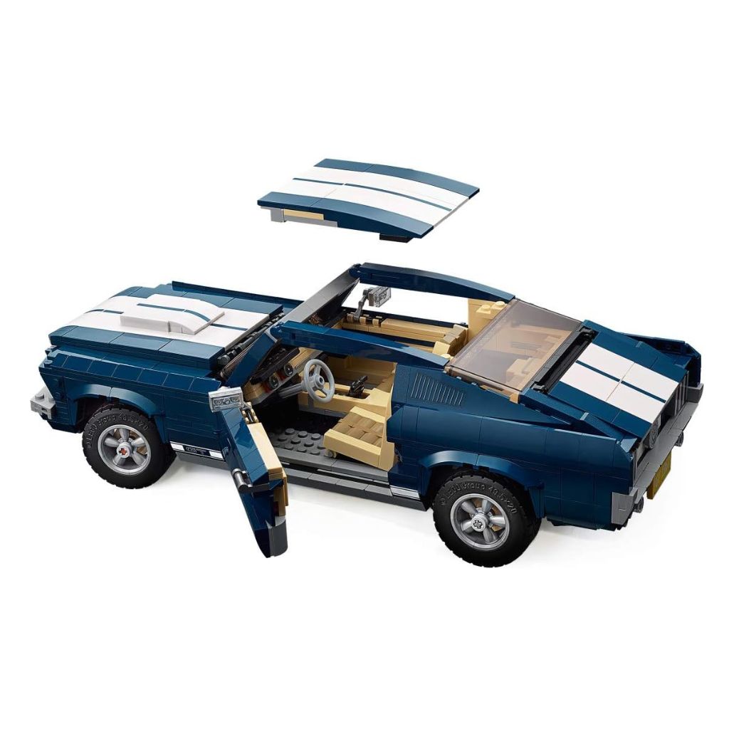 Blue convertible car model made of interlocking bricks on a white background