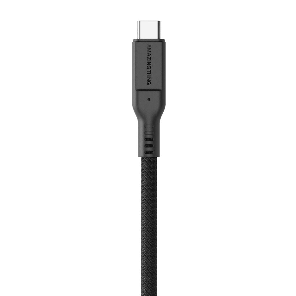 Black USB cable with braided design on a white background