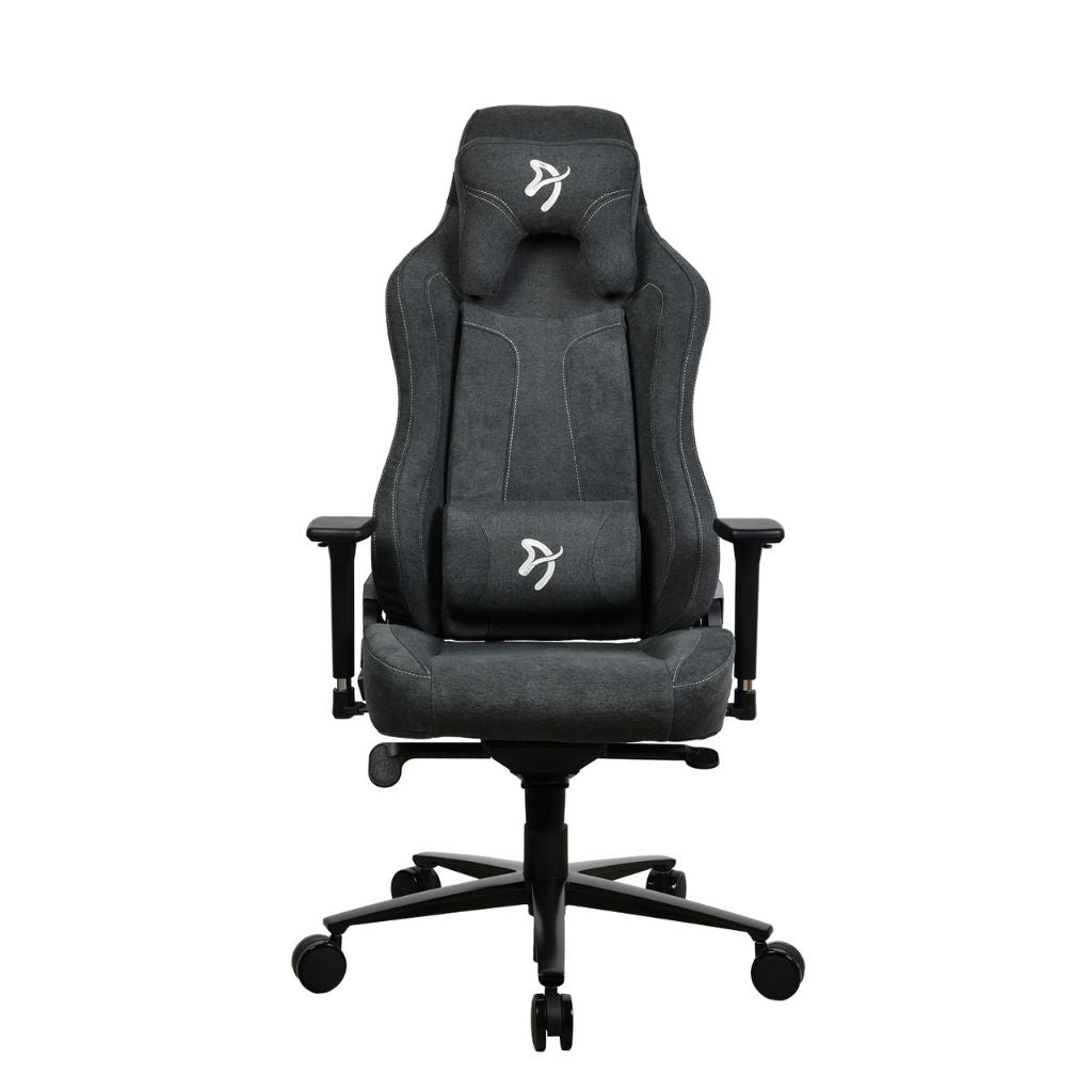 Black gaming chair with ergonomic design on a white background