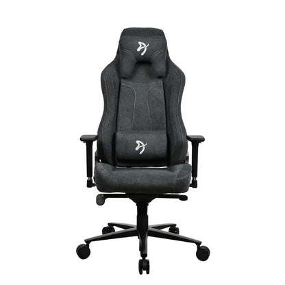 Black gaming chair with ergonomic design on a white background