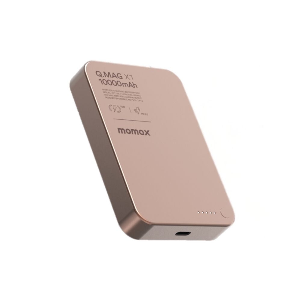 Rose gold power bank with 'momax' branding on a white background