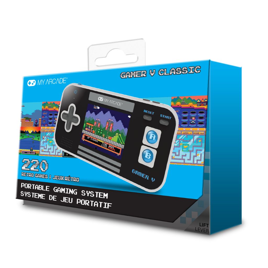 Packaging of a portable gaming system with a retro design on a white background