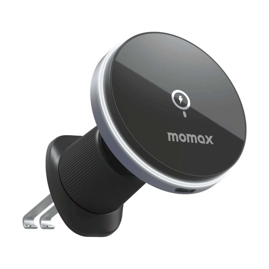 Black car mount with 'momax' branding on a white background