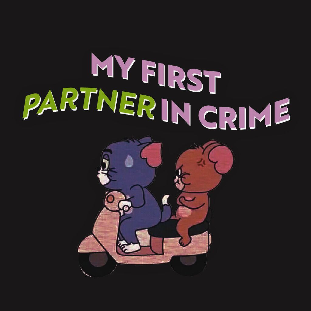Two cartoon characters on a scooter with text 'My First Partner in Crime' on a black background