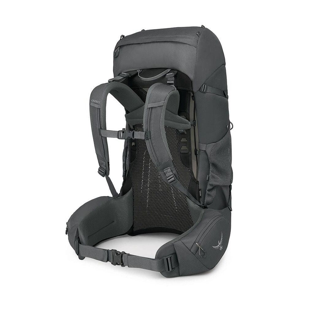 Gray backpack with multiple straps on a white background
