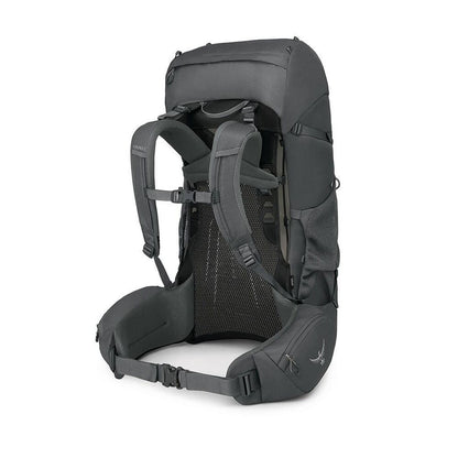 Gray backpack with multiple straps on a white background