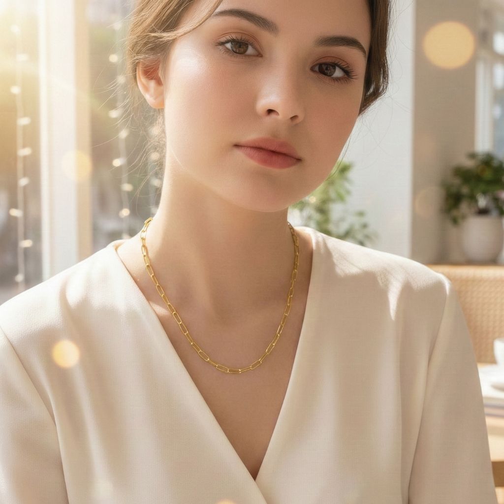 Woman wearing a gold necklace in a softly lit room