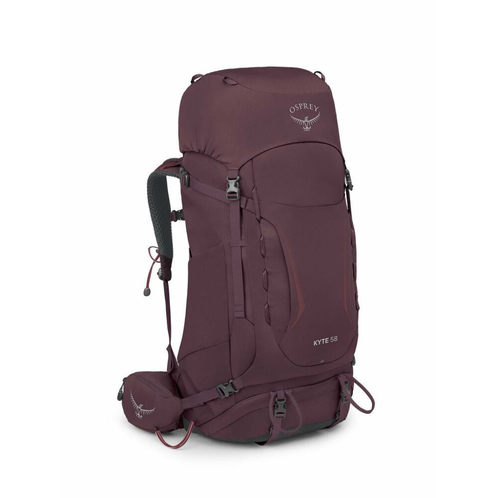 Maroon Osprey backpack on a white background