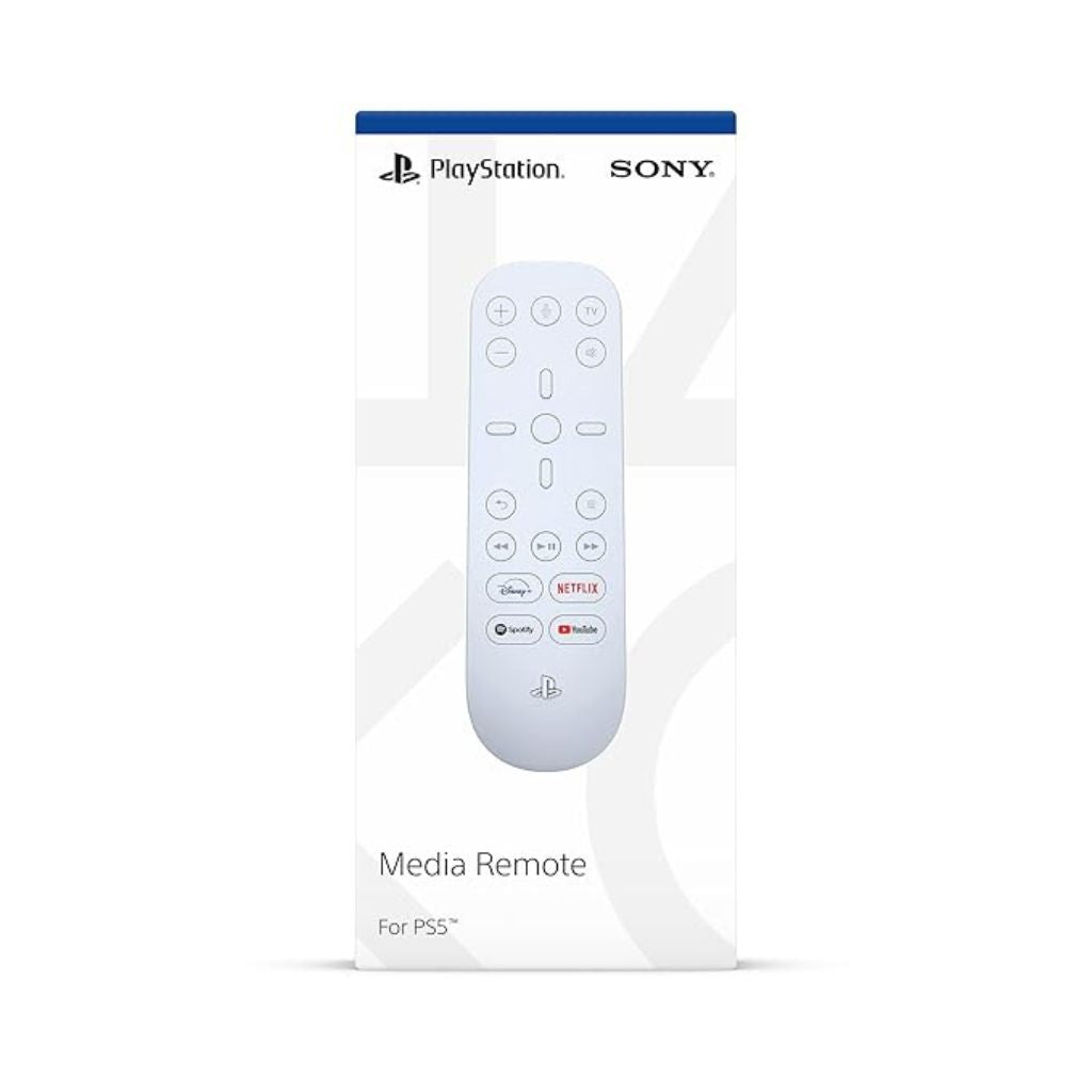 PlayStation media remote packaging with remote control illustration on a white background