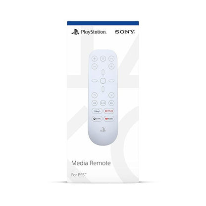 PlayStation media remote packaging with remote control illustration on a white background