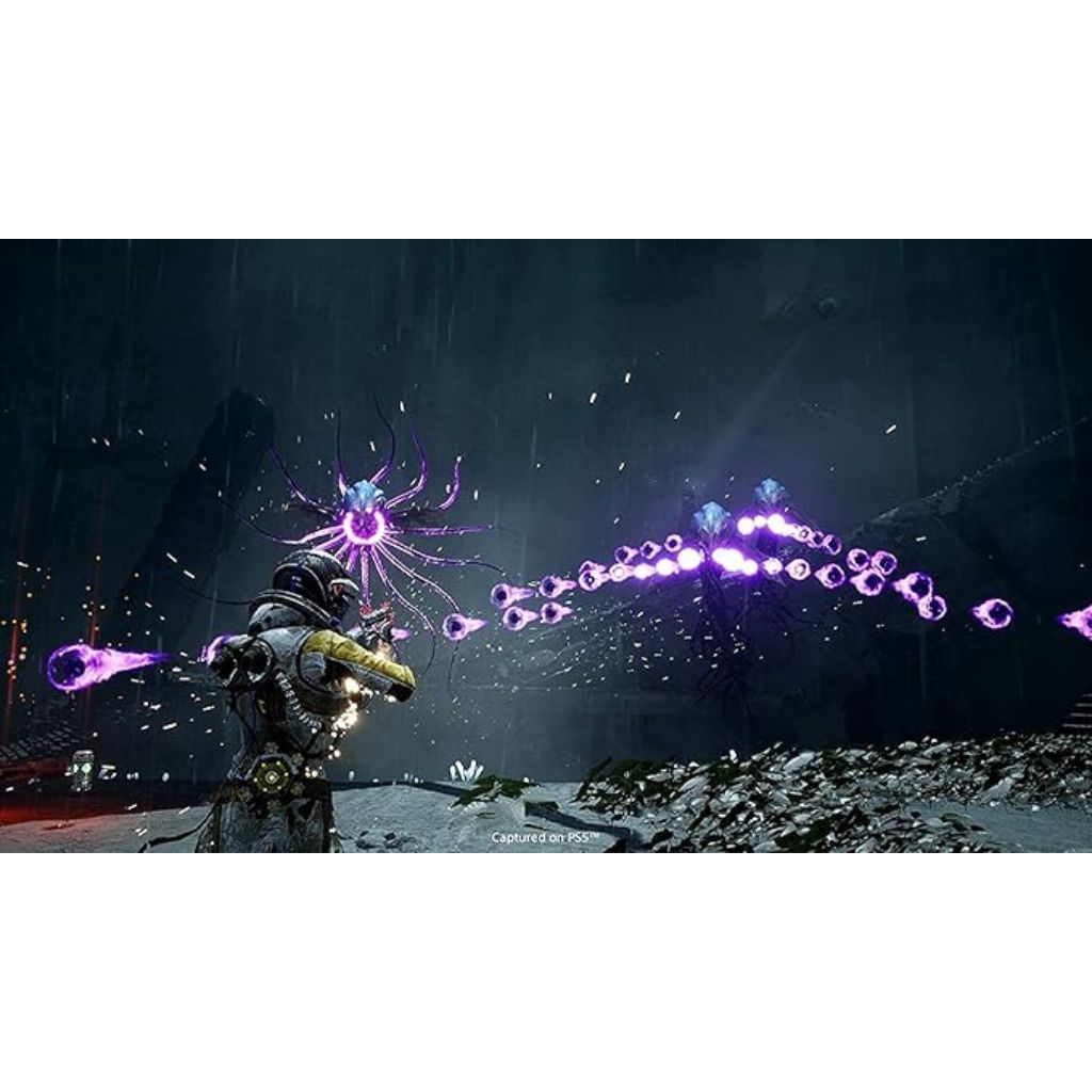 Character in futuristic armor firing a weapon with purple energy effects against a dark, snowy landscape.