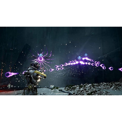Character in futuristic armor firing a weapon with purple energy effects against a dark, snowy landscape.