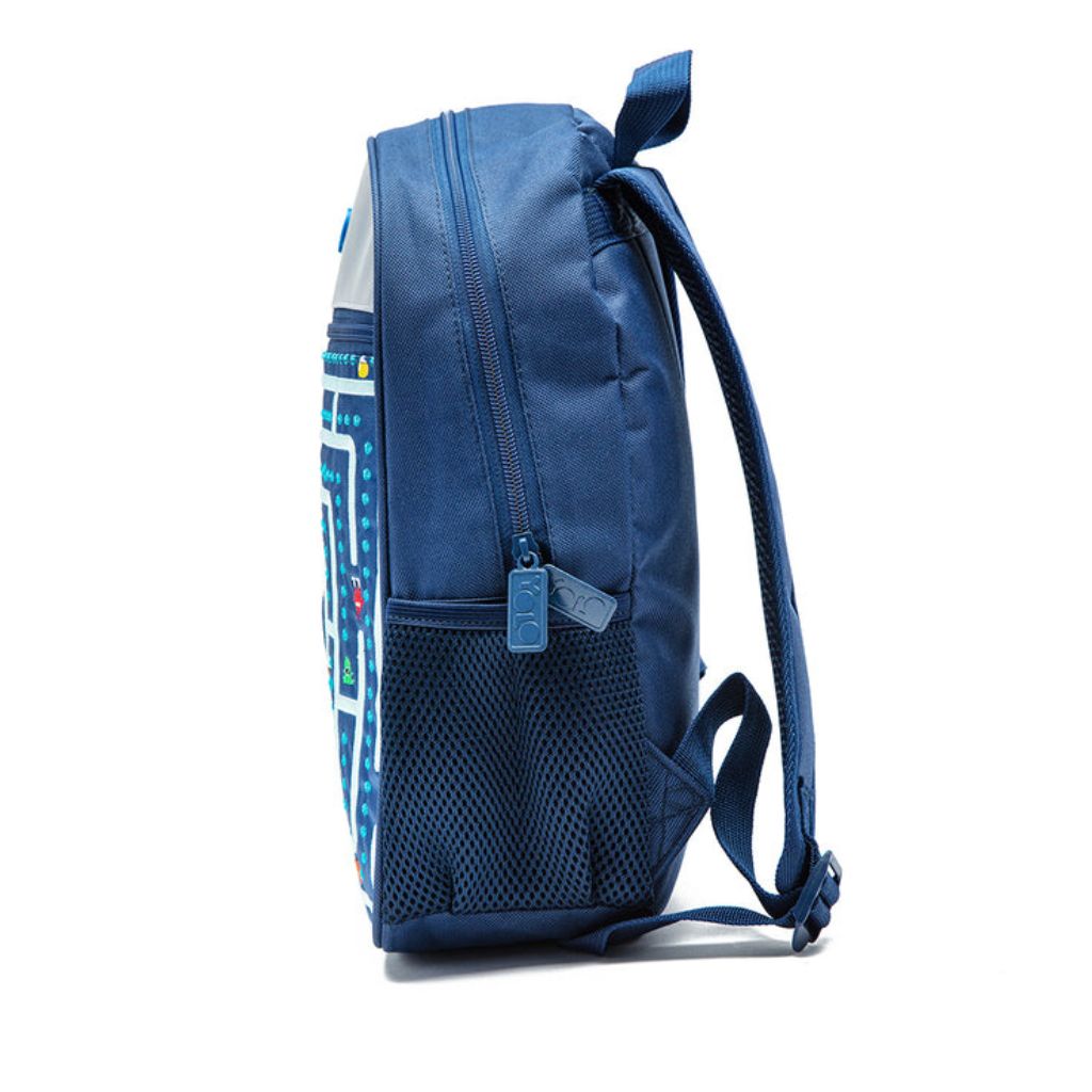 Blue backpack with a pattern on a white background