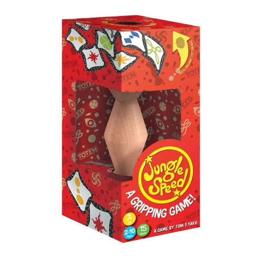 Jungle Speed game box with wooden spinner on a white background
