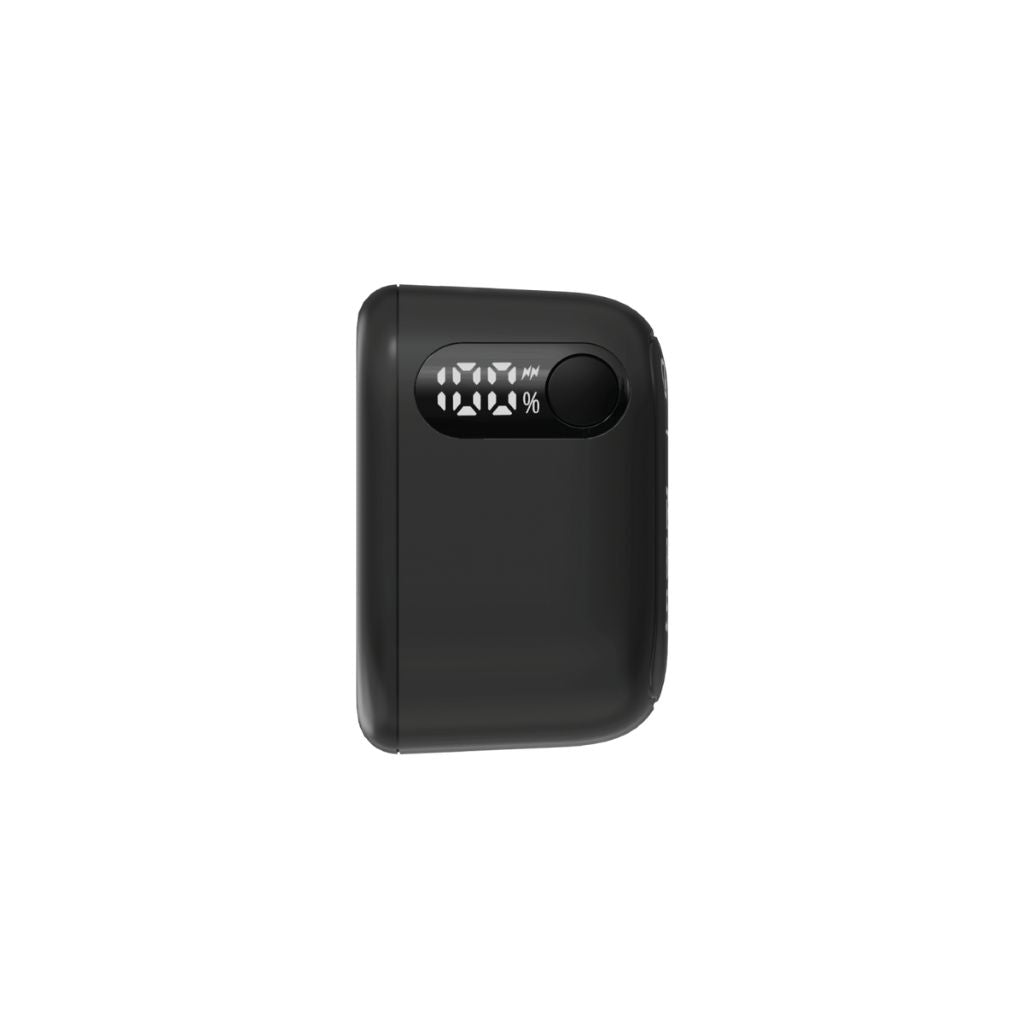 Black power bank with digital display on a white background