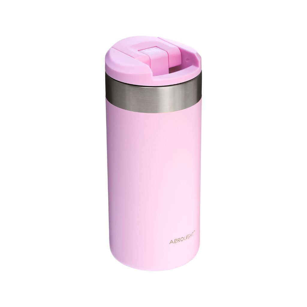 Pink insulated travel mug with silver base and Aerolite branding on a white background