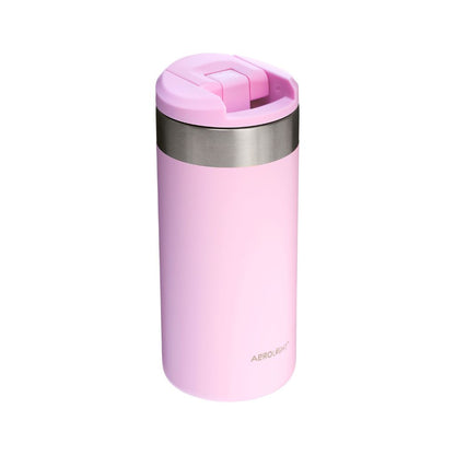 Pink insulated travel mug with silver base and Aerolite branding on a white background