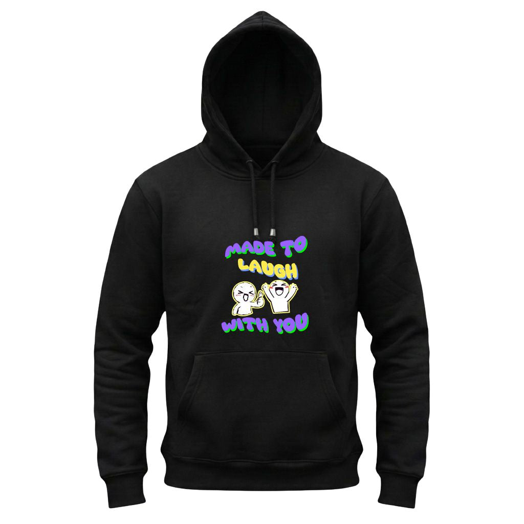 Black hoodie with colorful text and graphics on a white background