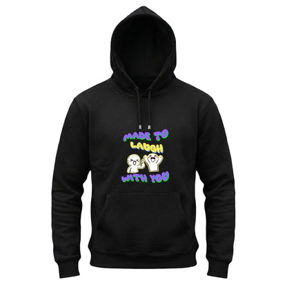 Black hoodie with colorful text and graphics on a white background