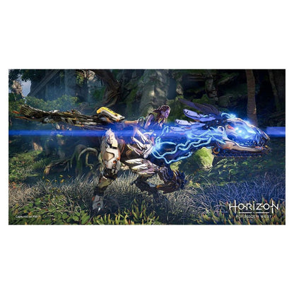 Character riding a dragon with glowing blue energy in a forest setting, featuring the 'Horizon' logo.