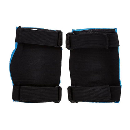 Pair of black knee pads with blue accents on a white background