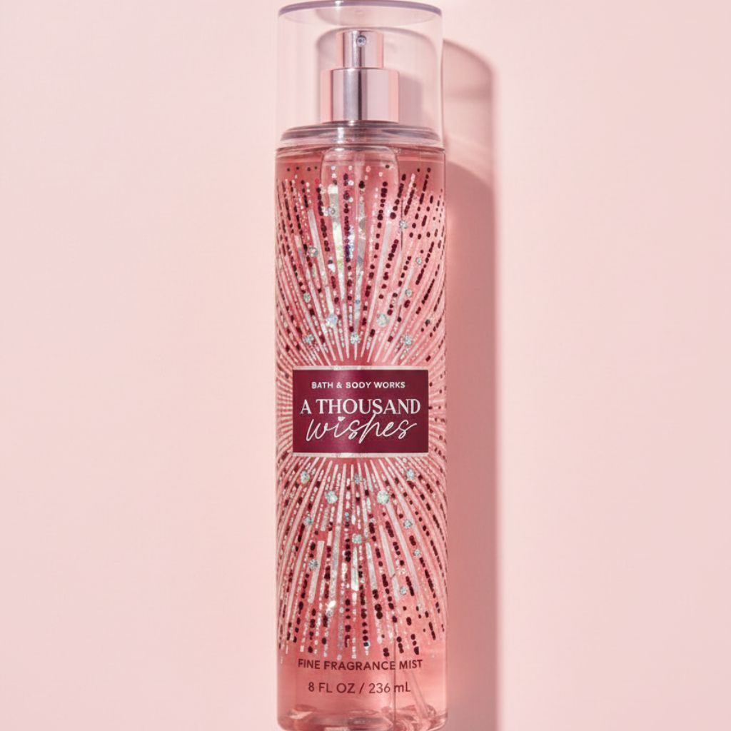 Bath & Body Works 'A Thousand Wishes' fragrance mist bottle on a pink background