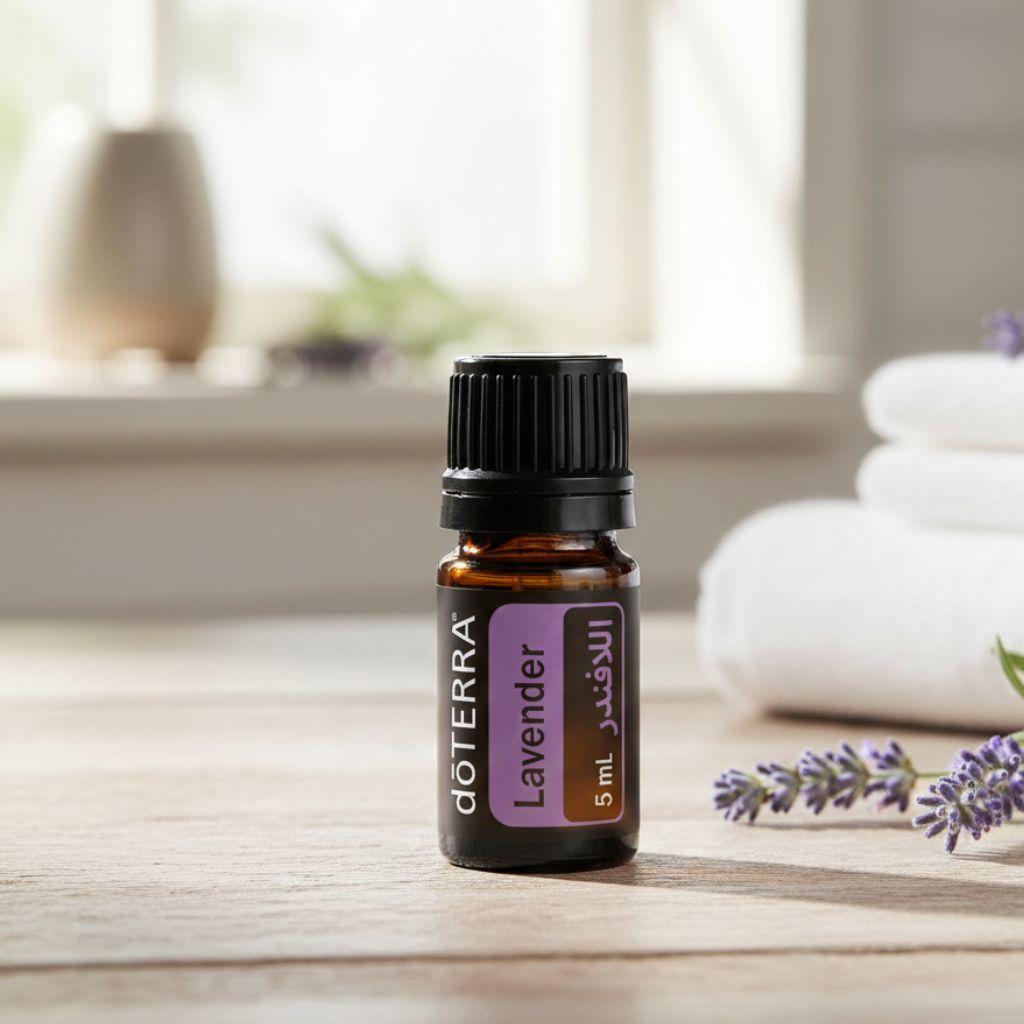 doTERRA Lavender essential oil bottle on a wooden surface with lavender flowers and towels in the background.