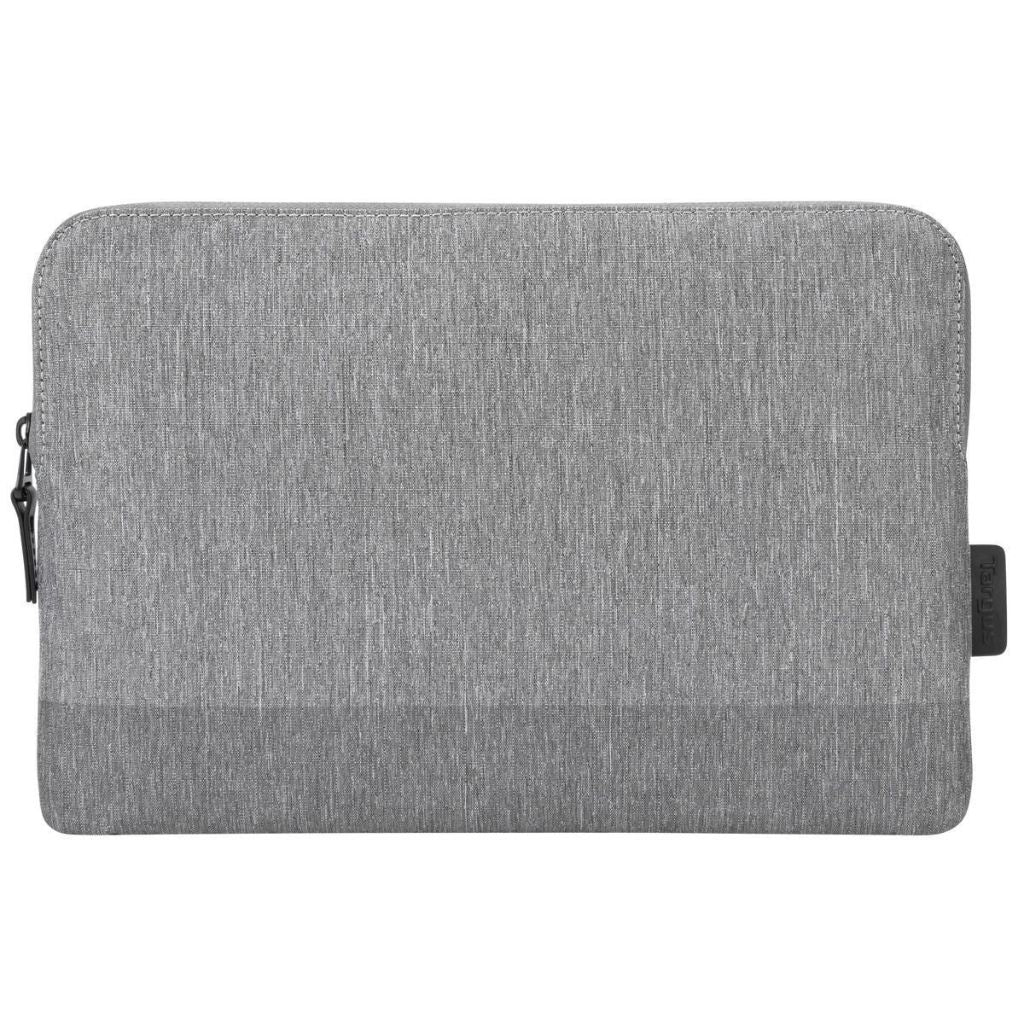 Gray laptop sleeve with zipper on a white background
