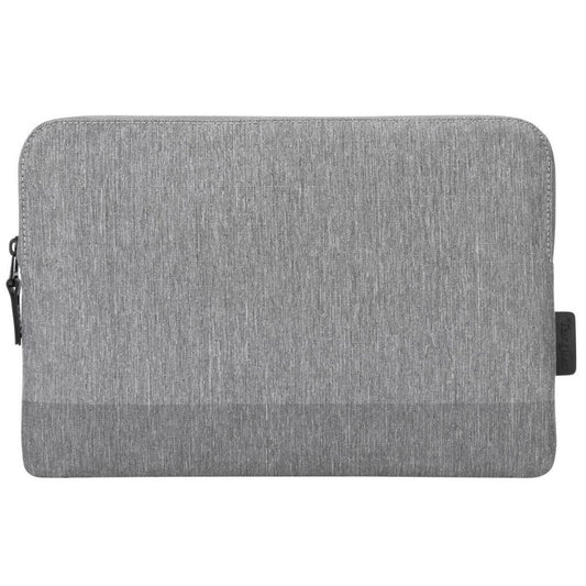 Gray laptop sleeve with zipper on a white background