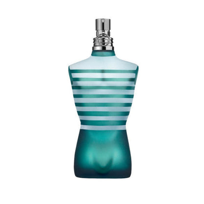 Perfume bottle with striped design on a white background