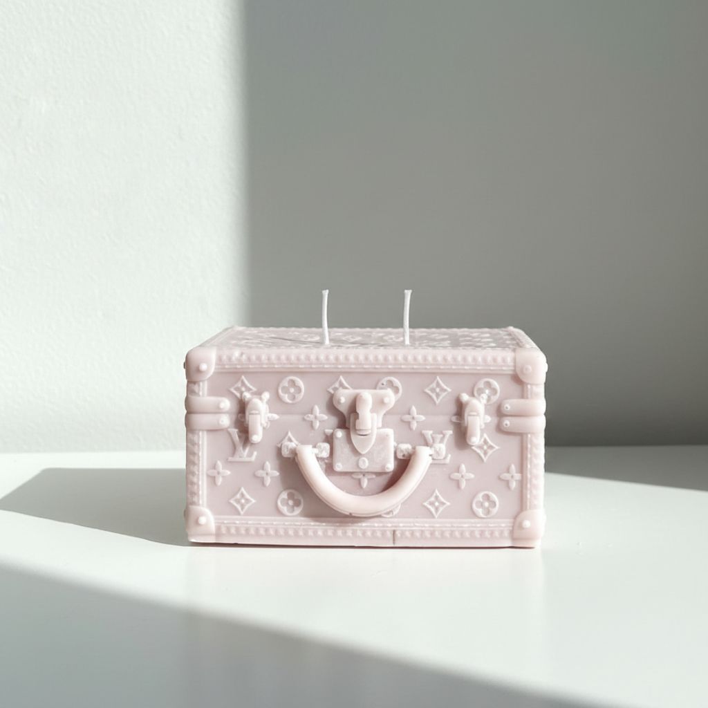 Pink suitcase-shaped candle on a white surface with a gray background