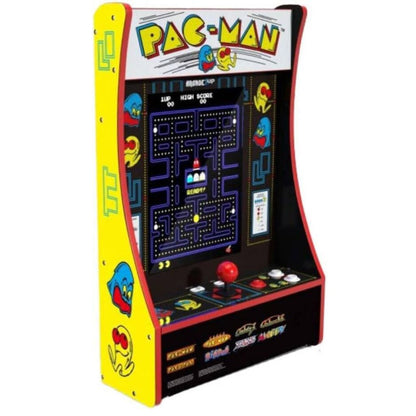 Pac-Man arcade machine with colorful design on a white background