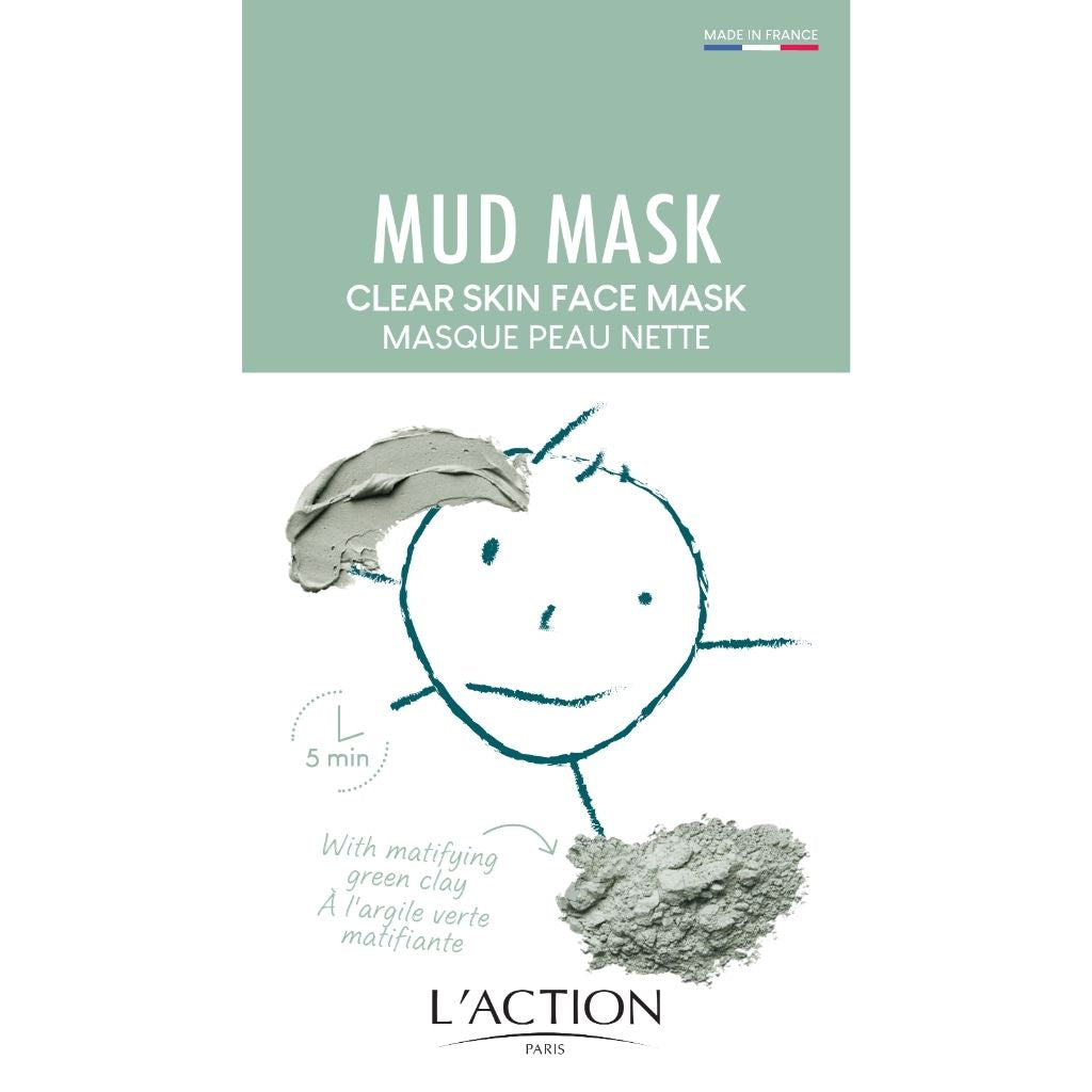 L'Action Paris mud mask packaging with a face illustration and product details.